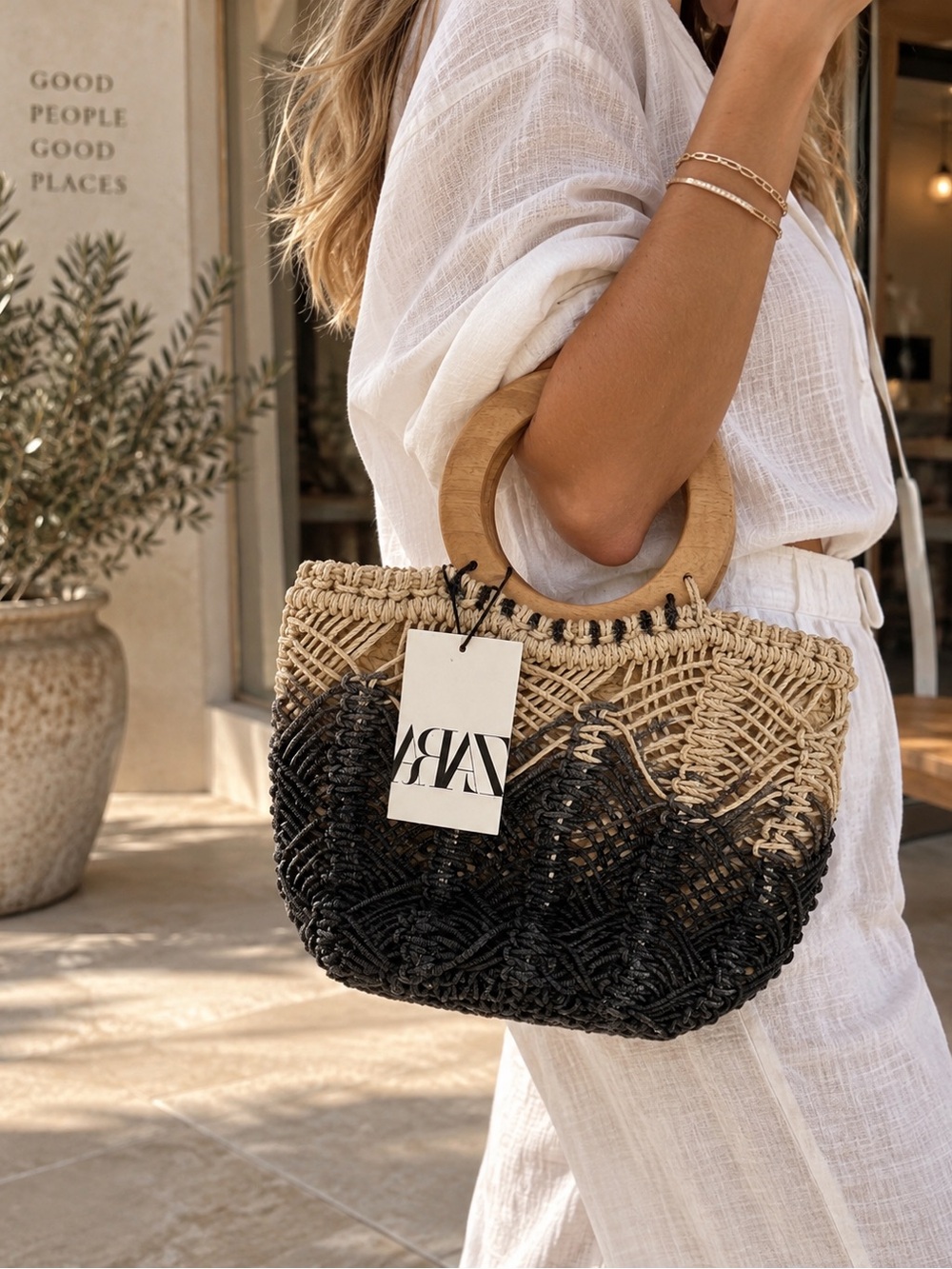 ZARA Two-Tone Woven Straw Tote with Wooden Ring Handles - Natural & Black
